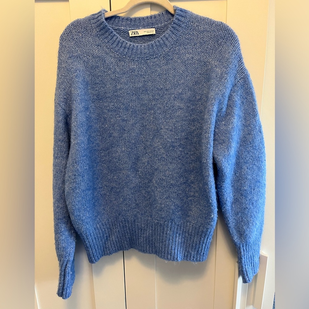 Zara Blue Crew Neck Sweater Soft Knit Relaxed Fit
